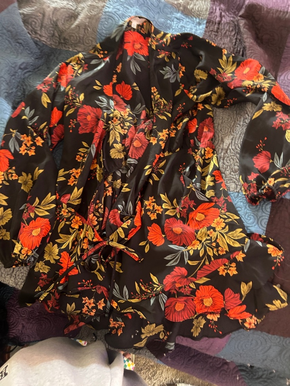 Black Floral Wrap Dress-overcoat-top with Red & Mustard Blooms by SWEET LEMON/L